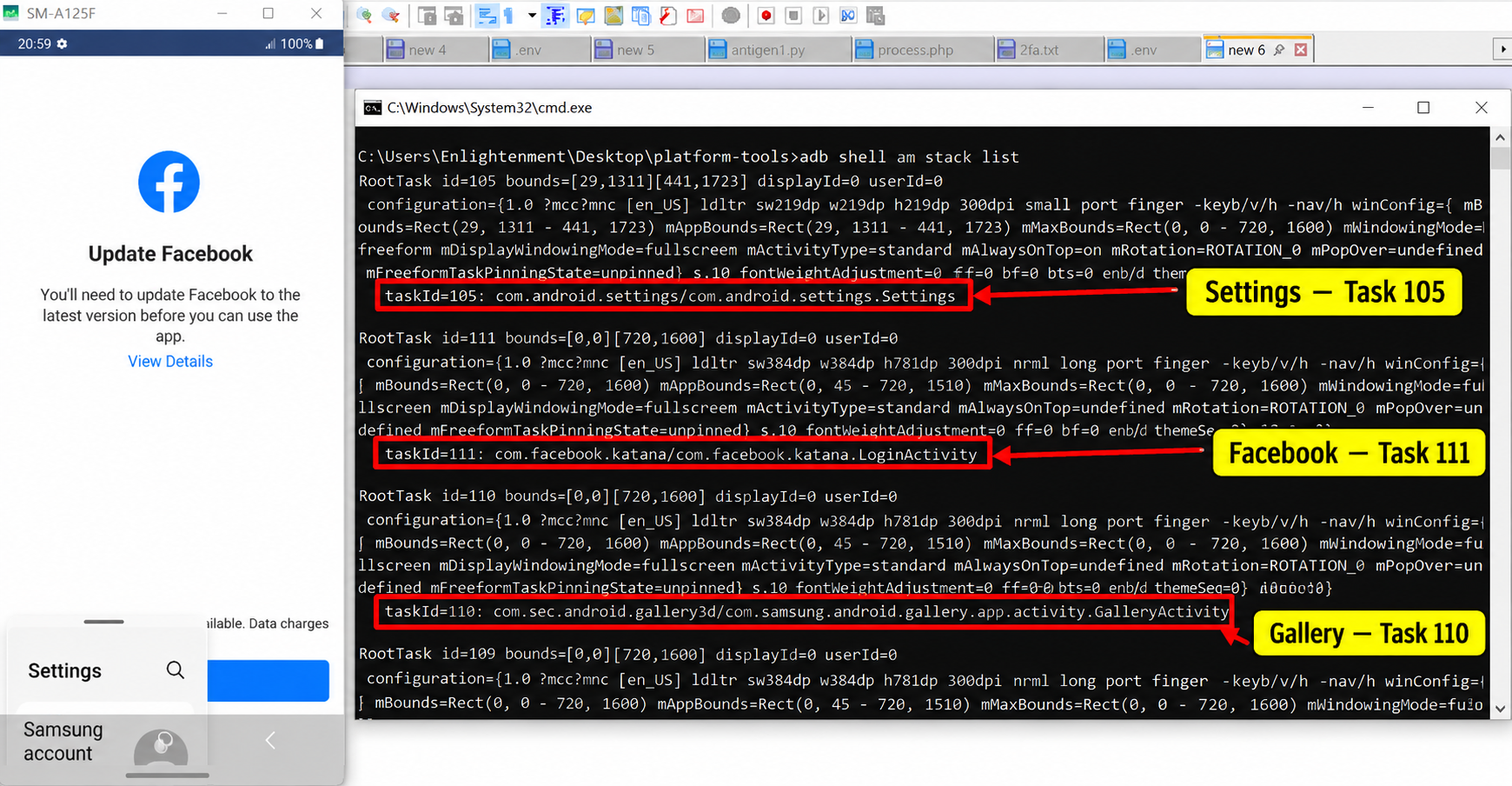 ADB stack list showing task IDs, window bounds and windowing modes on Samsung Galaxy A12