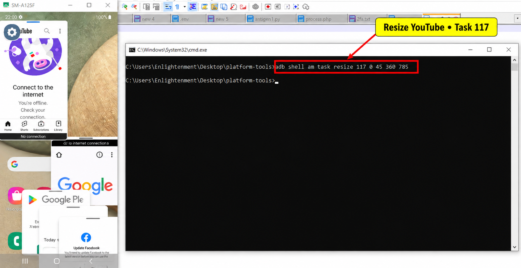 ADB task resize command resizing the visible YouTube freeform window on Samsung Galaxy A12