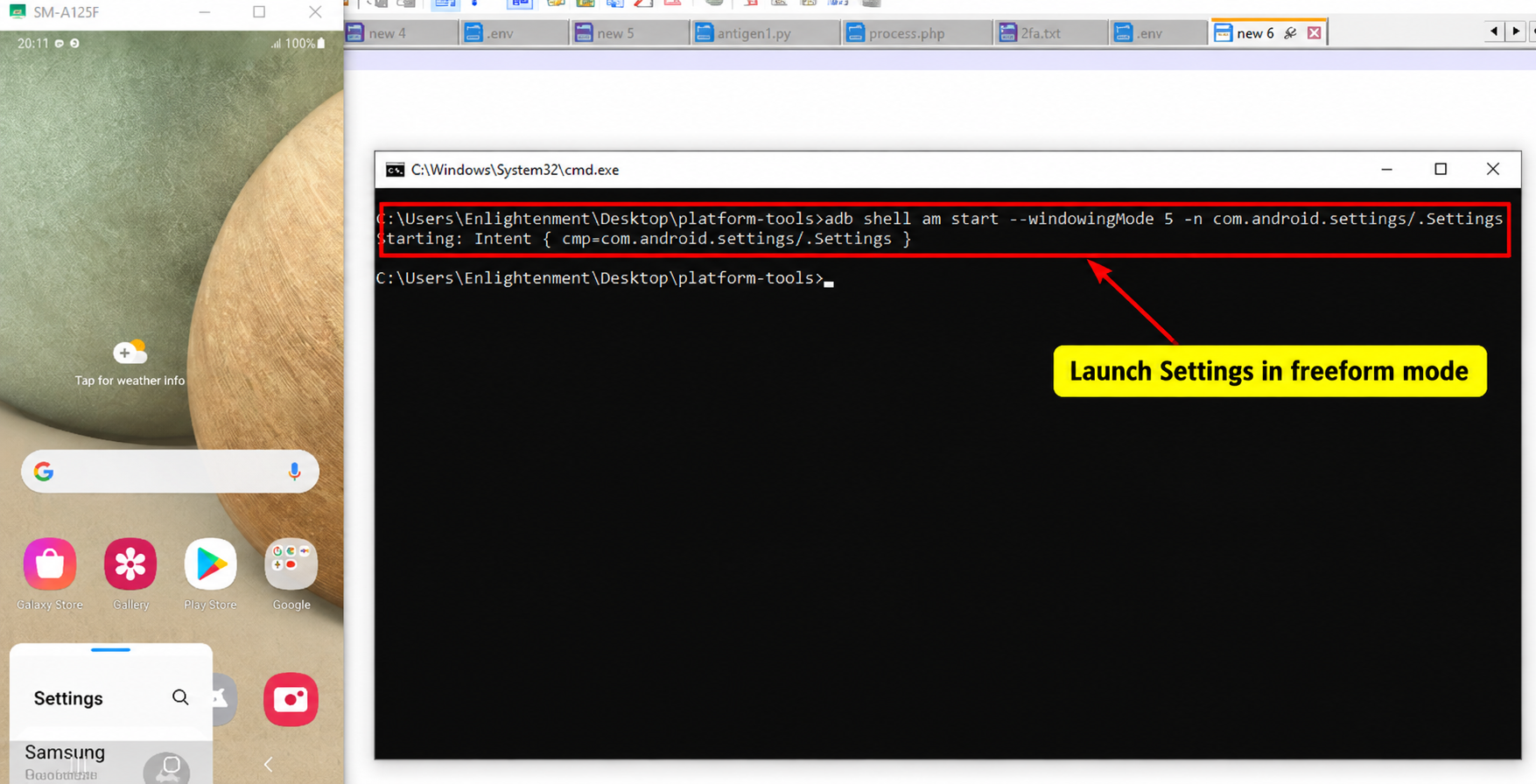 ADB command launching Samsung Galaxy A12 Settings in freeform windowing mode 5