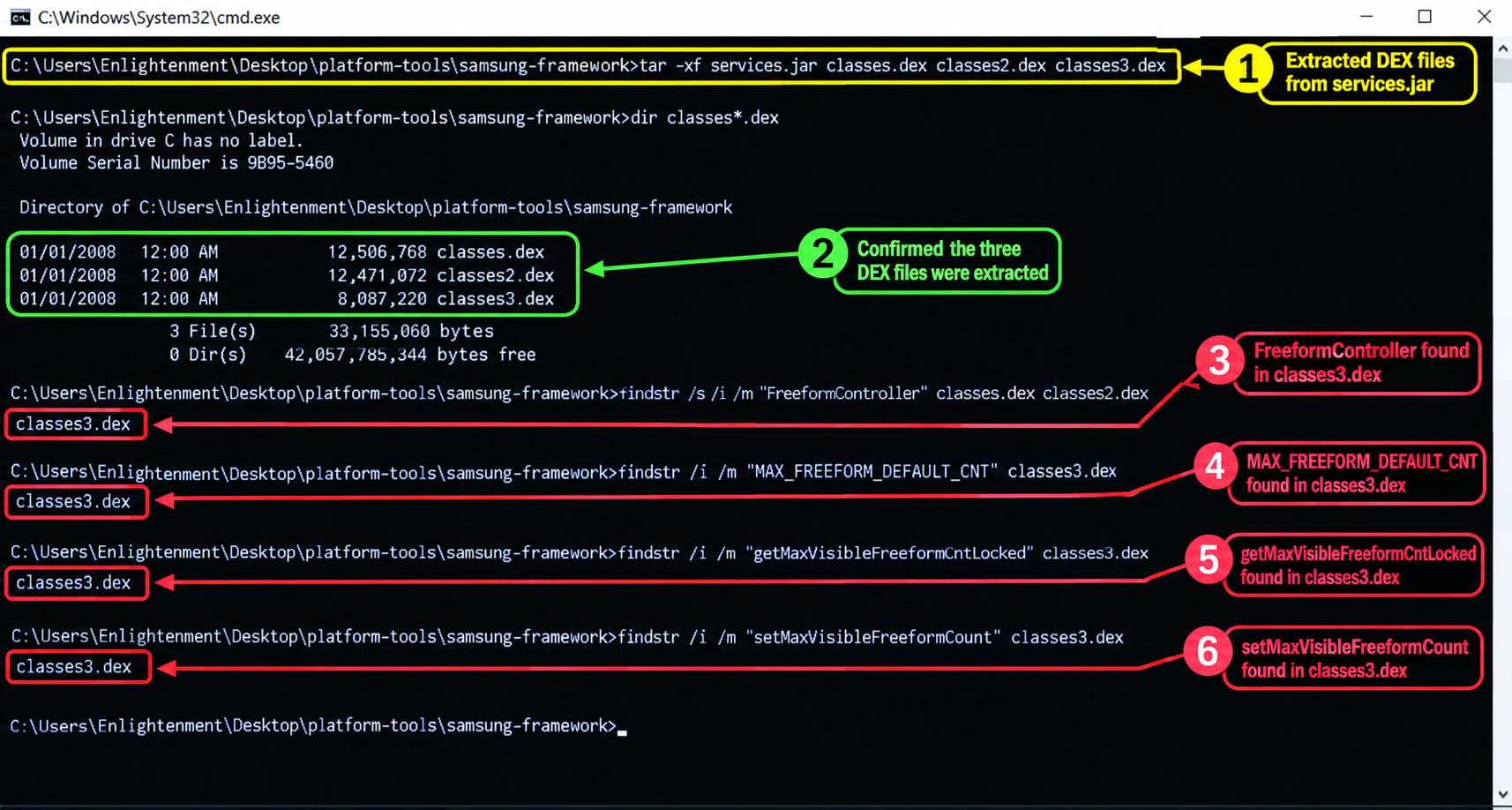 Samsung services.jar analysis showing FreeformController, MAX_FREEFORM_DEFAULT_CNT, getMaxVisibleFreeformCntLocked and setMaxVisibleFreeformCount in classes3.dex
