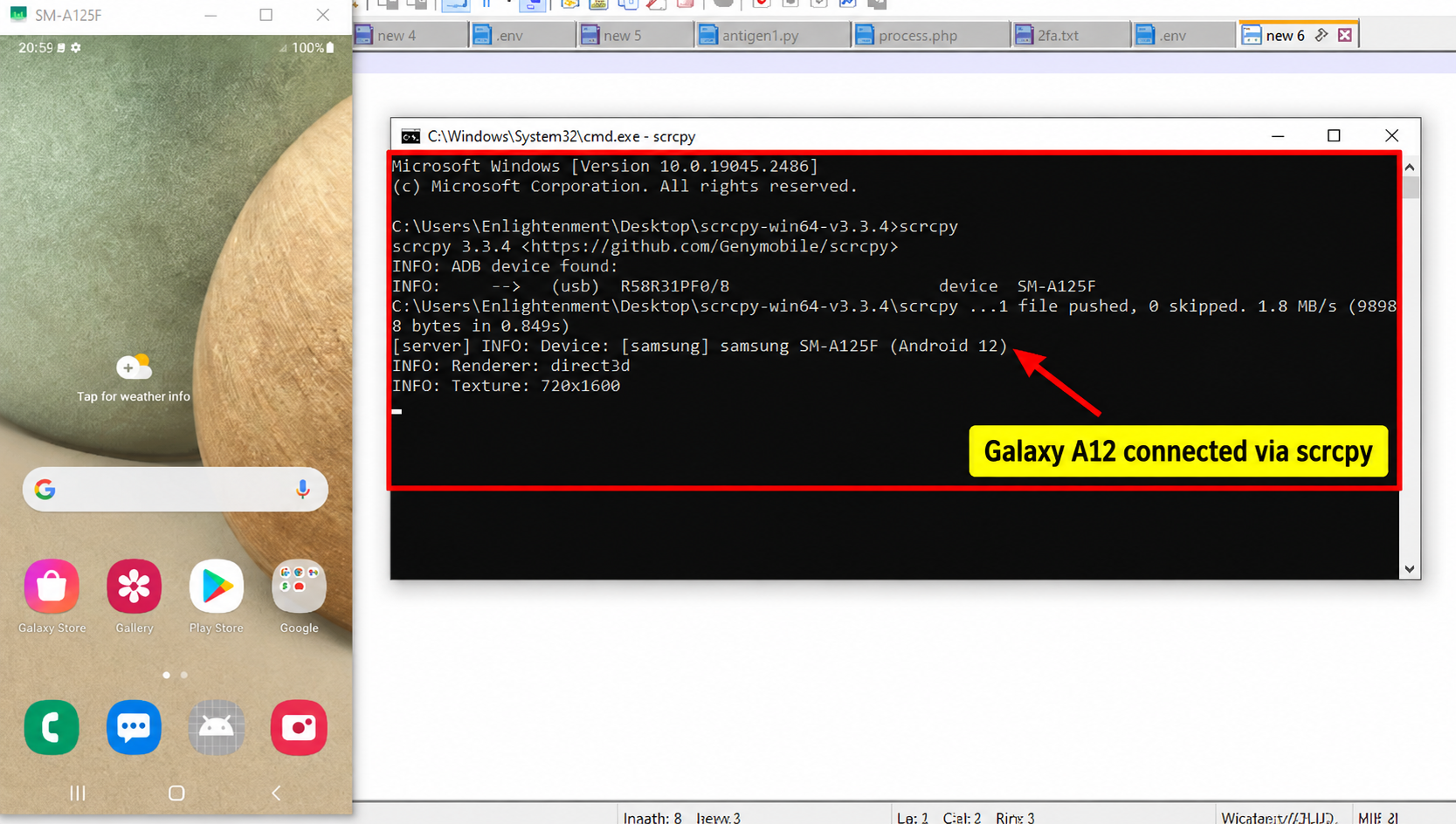 Samsung Galaxy A12 screen mirrored on a Windows computer using scrcpy during an ADB freeform window experiment