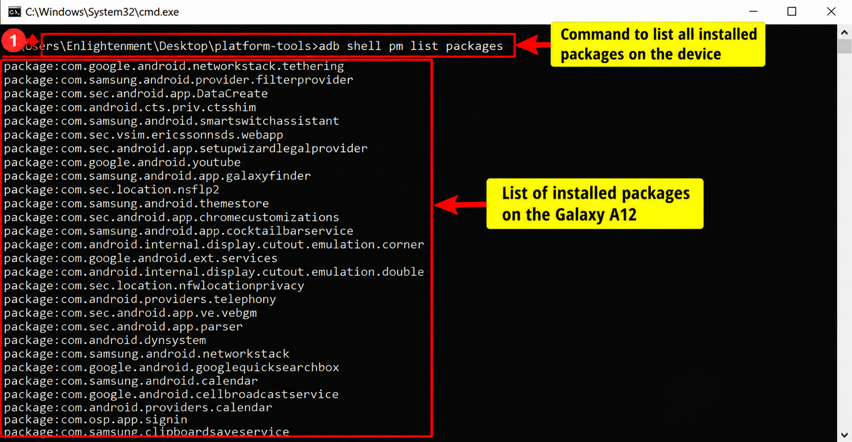 ADB package list on Samsung Galaxy A12 showing installed apps used for the freeform window experiment